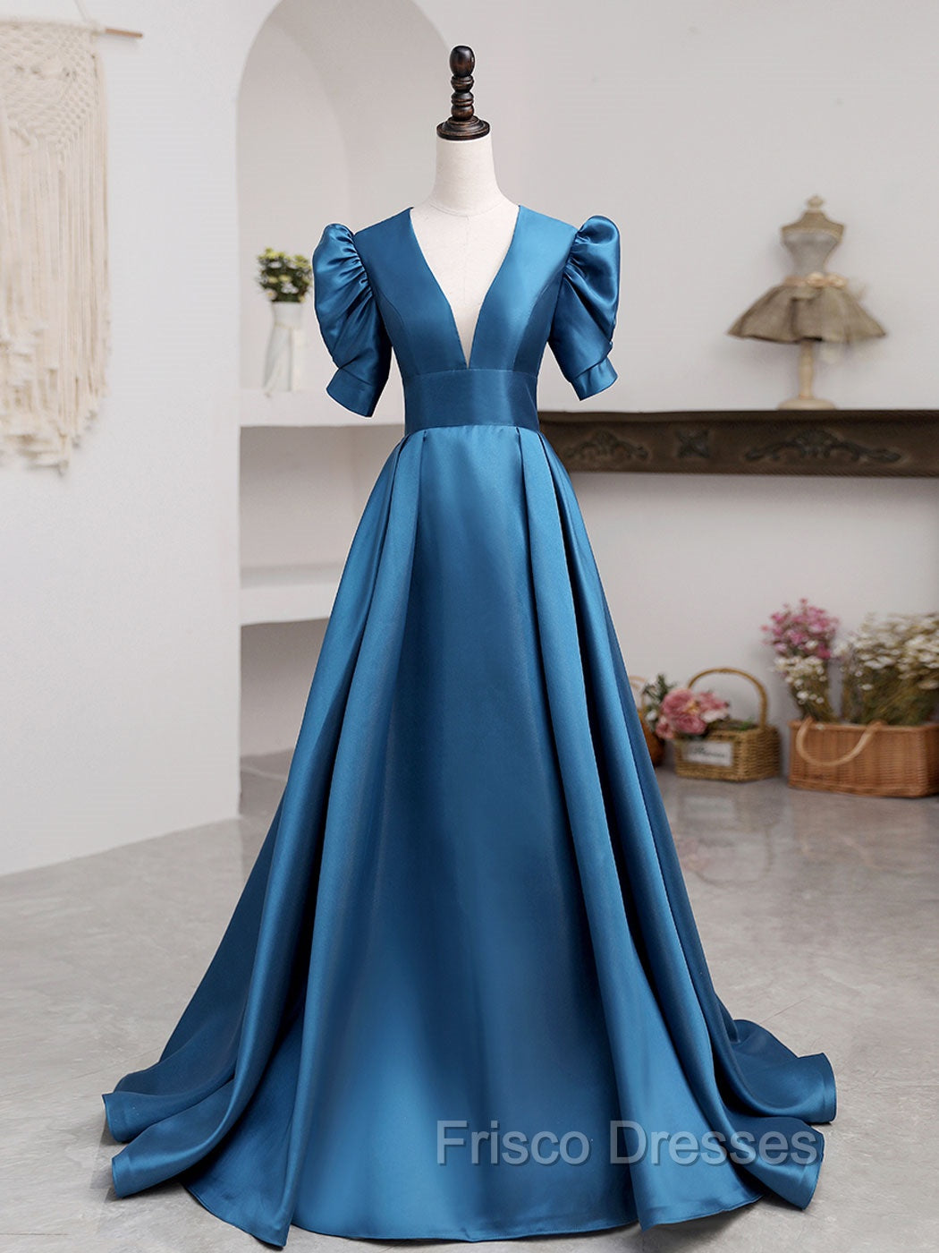 A-Line V Neck Satin Long Formal Prom Dress, Blue Satin Long Evening Dress Main image