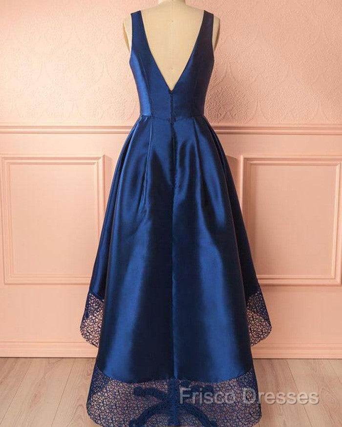 A Line V-Neck Satin Long Formal Prom Dress With Lace