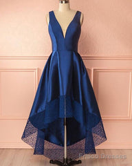 A Line V-Neck Satin Long Prom Dresses With Lace