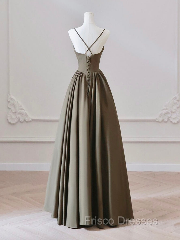 A-Line V Neck Satin Olive Green Long Formal Prom Dress, Olive Green Long Formal Dress Secondary image