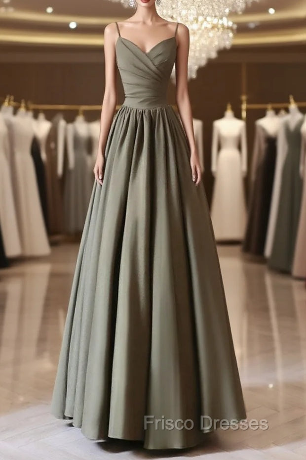 A-Line V Neck Satin Olive Green Long Formal Prom Dress, Olive Green Long Formal Dress Main image