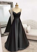 A-line Sweetheart Spaghetti Straps Satin Long Formal Prom Dress with Pleated