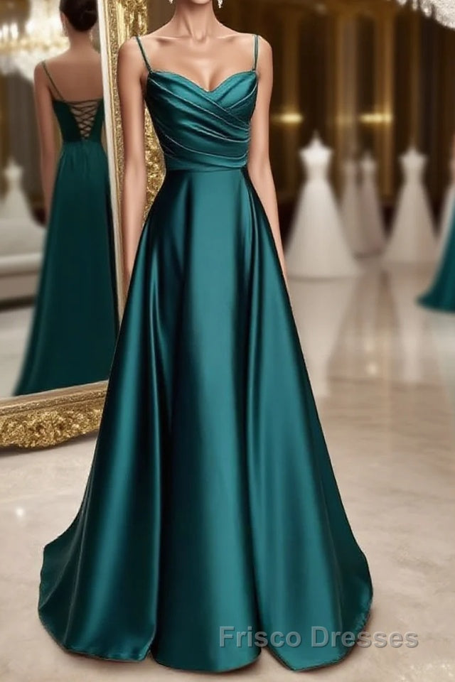 A-line Sweetheart Spaghetti Straps Satin Long Formal Prom Dress with Pleated Main image