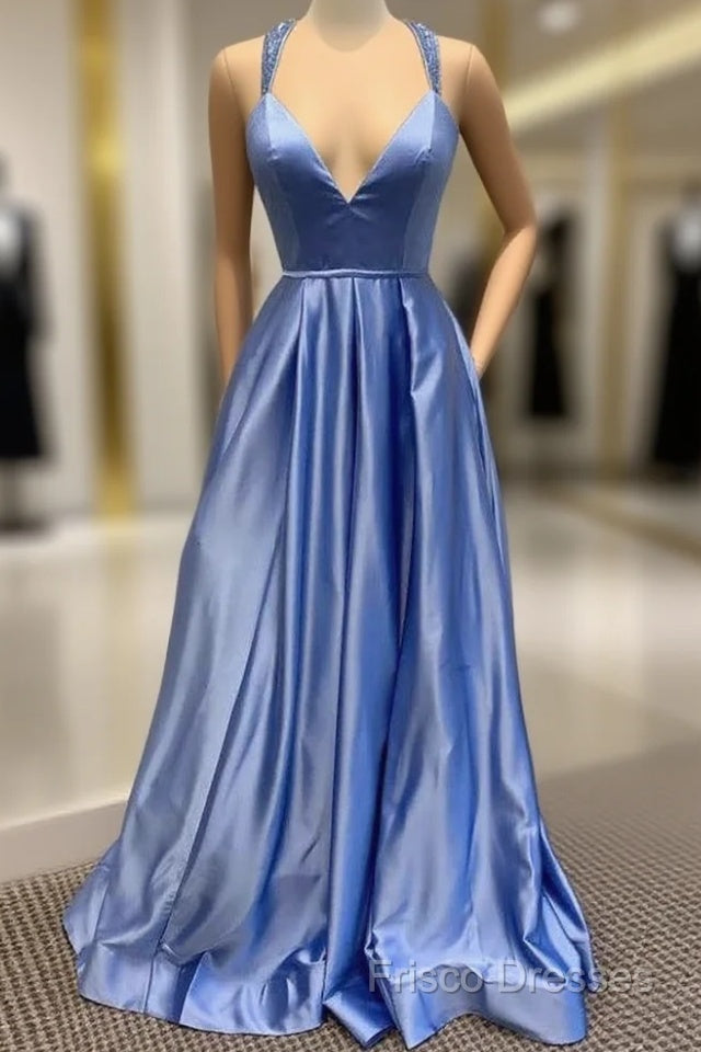 A-Line V Neck Satin Unique Long Formal Prom Dress Formal Gowns Main image