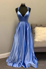 A-Line V Neck Satin Unique Long Prom Dresses Formal Gowns