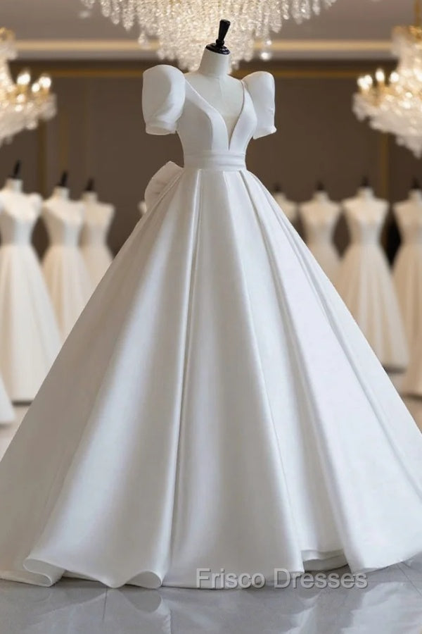 A-Line V-Neck Satin Wedding Dress, White Short Sleeve Bridal Gown with Bow Main image