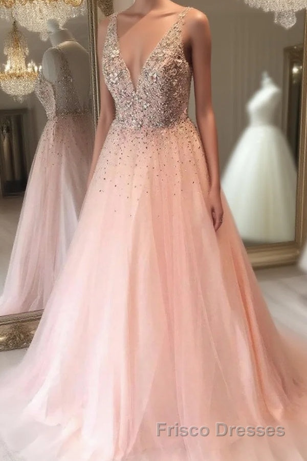 A Line V Neck Sequins Pink Long Formal Prom Dresses, Pink Formal Graduation Evening Dresses