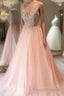 A Line V Neck Sequins Pink Long Formal Prom Dresses, Pink Formal Graduation Evening Dresses