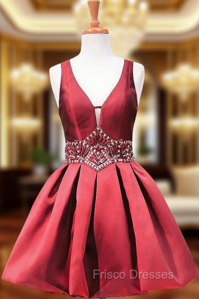 A-line V-neck Sheer Back Beaded Crystals Homecoming Dress