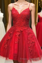 A Line V Neck Short Backless Red Lace Formal Prom Dress, Short Red Backless Lace Formal Prom Homecoming Dress