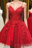 A Line V Neck Short Backless Red Lace Formal Prom Dress, Short Red Backless Lace Formal Prom Homecoming Dress