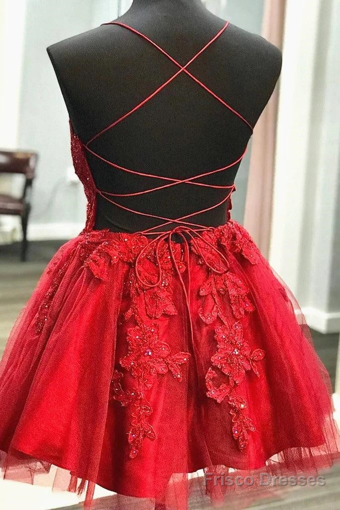 A Line V Neck Short Backless Red Prom Dresses Homecoming Dresses Secondary image