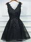 A Line V Neck Short Black Lace Prom Dresses, Black Short Formal Dresses, Black Lace Graduation Dresses, Homecoming Dresses