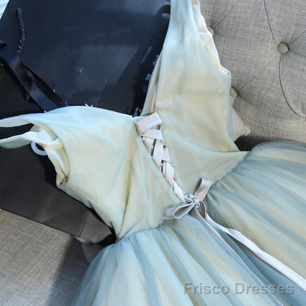 A Line V Neck Short Blue Floral Prom Dresses, Short Floral Blue Graduation Homecoming Dresses