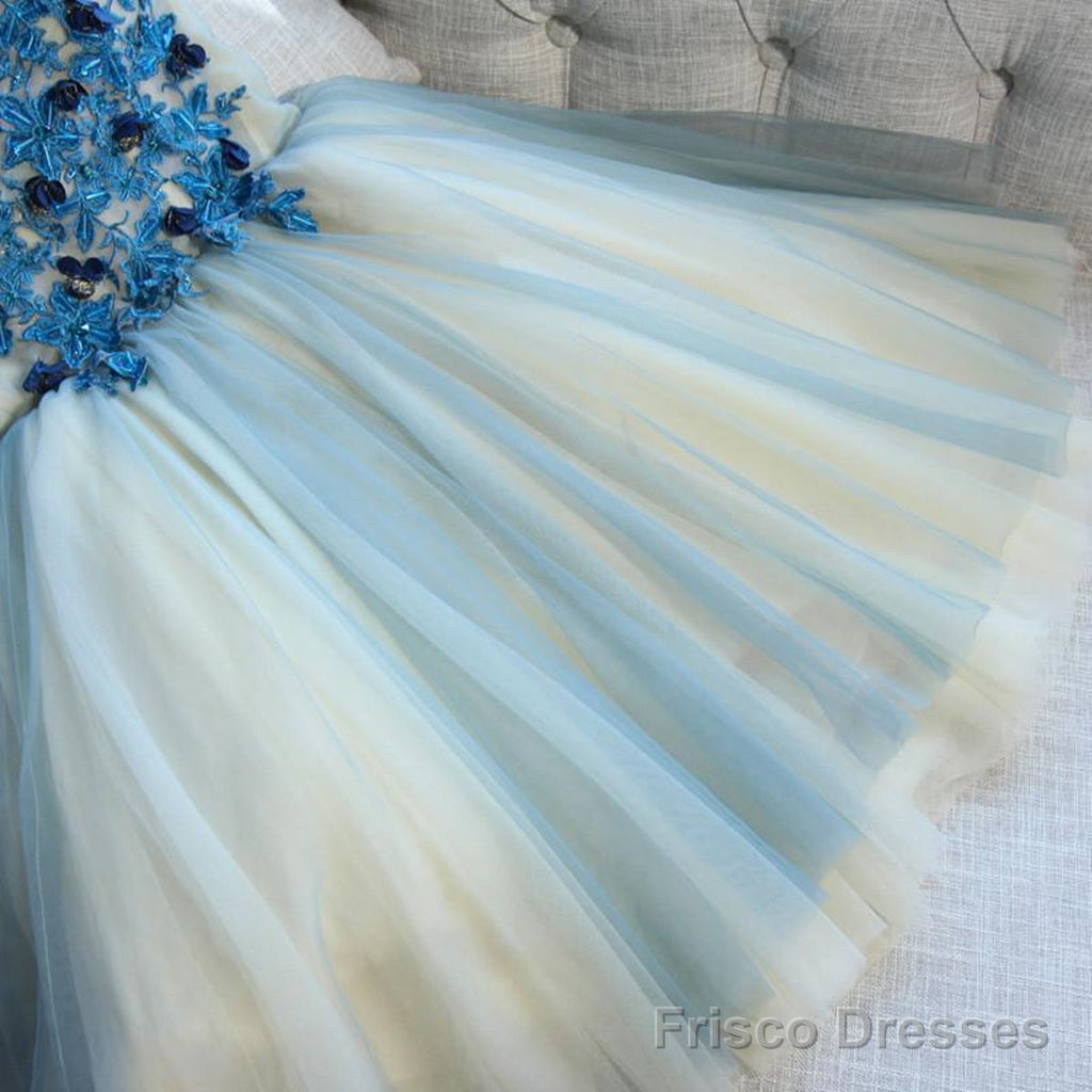 A Line V Neck Short Blue Floral Prom Dresses, Short Floral Blue Graduation Homecoming Dresses