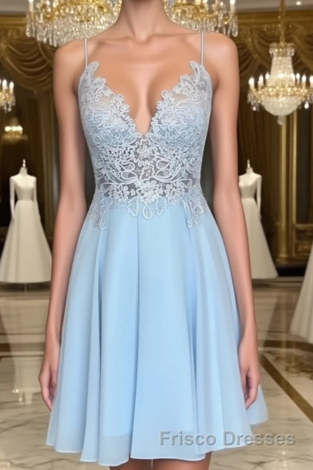 A Line V Neck Short Blue Lace Formal Prom Dresses, Short Blue Lace Formal Homecoming Dresses Main image