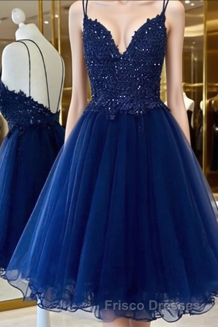 A Line V Neck Short Blue Formal Prom Dress, Short Blue Lace Graduation Homecoming Dress