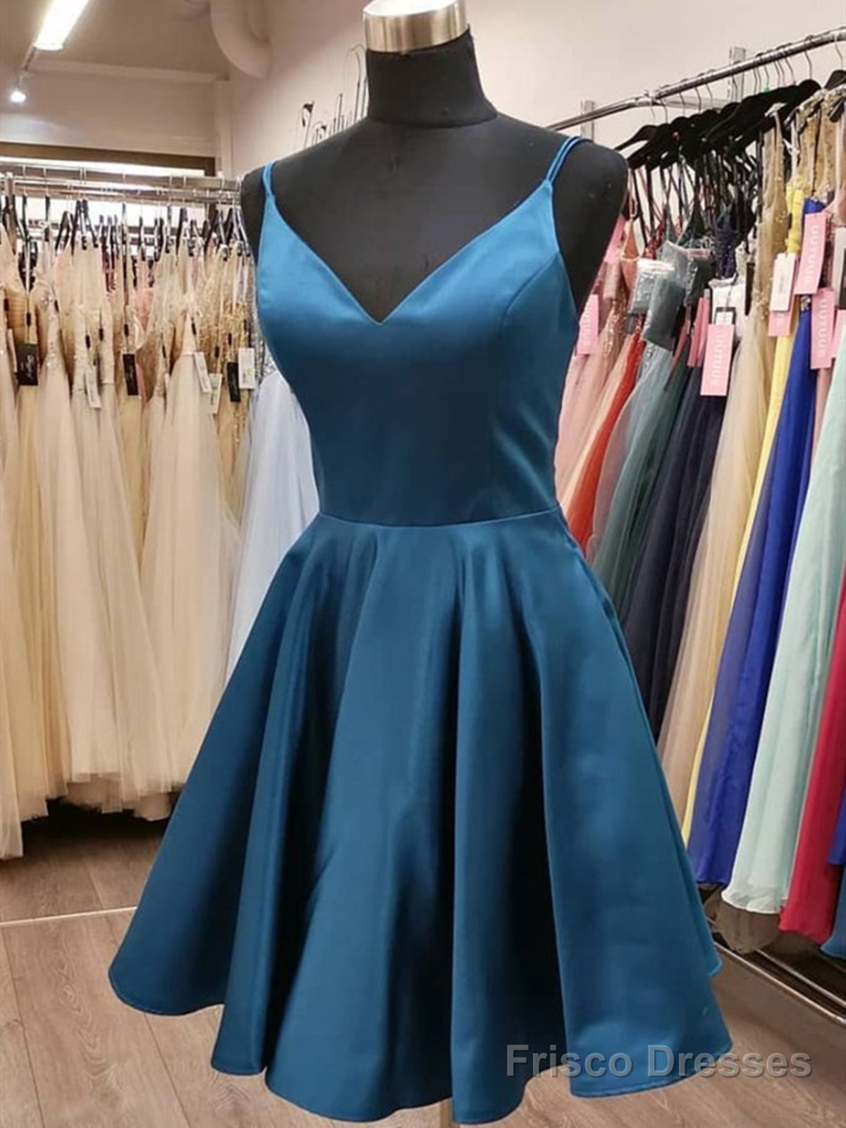 A Line V Neck Short Blue Prom Dresses, V Neck Short Blue Formal Graduation Dresses Main image