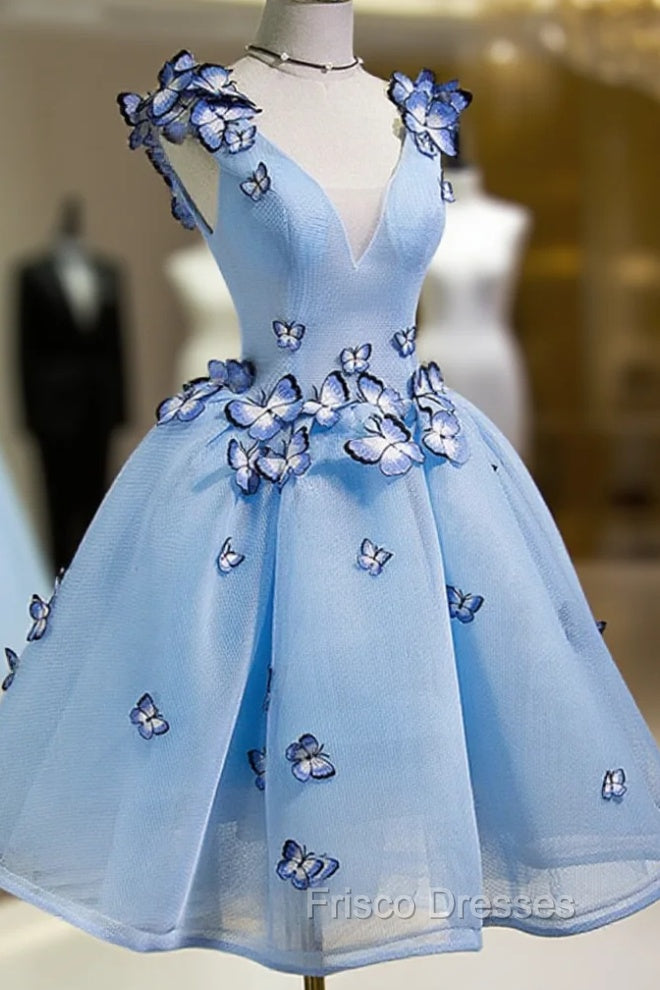 A Line V Neck Short Blue Formal Prom Dress with Butterfly, Short Blue