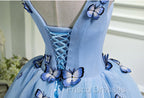 A Line V Neck Short Blue Formal Prom Dress with Butterfly, Short Blue Formal Homecoming Dress
