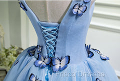 A Line V Neck Short Blue Formal Prom Dress with Butterfly, Short Blue Formal Homecoming Dress