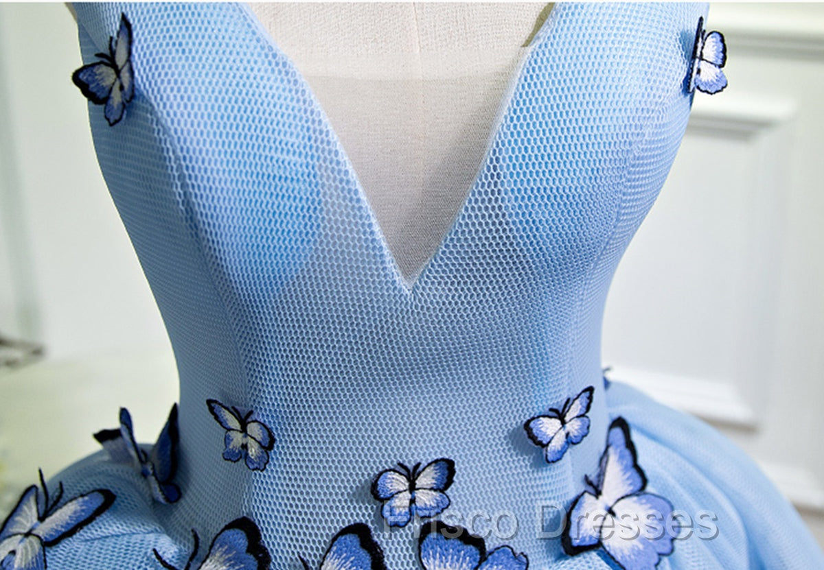 A Line V Neck Short Blue Formal Prom Dress with Butterfly, Short Blue Formal Homecoming Dress