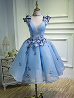 A Line V Neck Short Blue Formal Prom Dress with Butterfly, Short Blue Formal Homecoming Dress