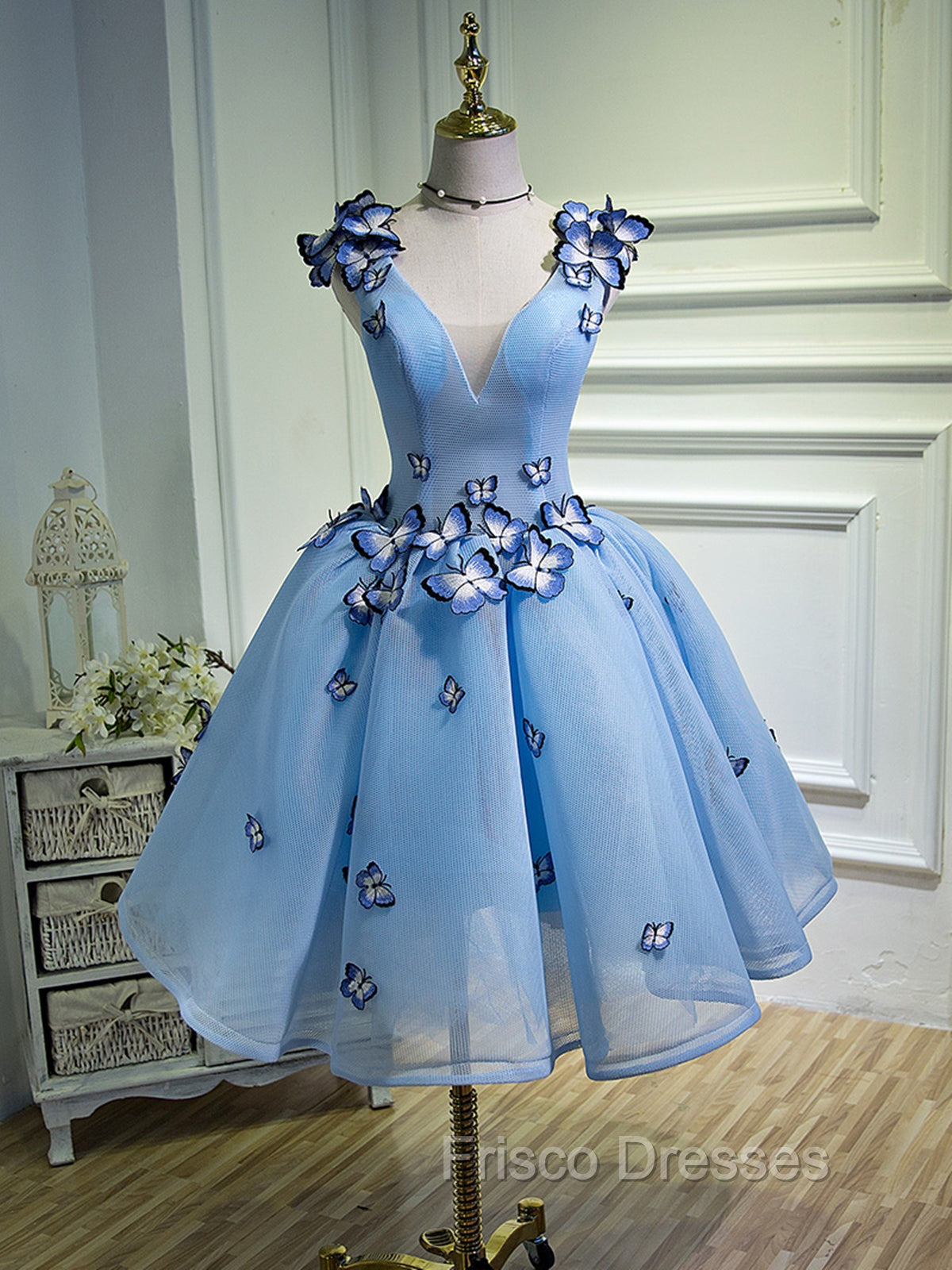 A Line V Neck Short Blue Formal Prom Dress with Butterfly, Short Blue Formal Homecoming Dress