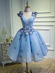 A Line V Neck Short Blue Formal Prom Dress with Butterfly, Short Blue Formal Homecoming Dress