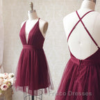 A Line V Neck Short Burgundy Backless Formal Prom Dress, Short Burgundy Backless Formal Prom Homecoming Dress