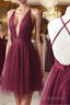 A Line V Neck Short Burgundy Backless Formal Prom Dress, Short Burgundy Backless Formal Prom Homecoming Dress