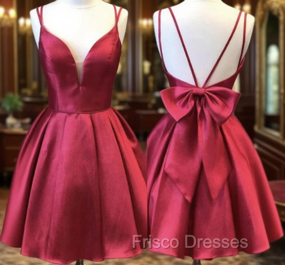 A Line V Neck Short Burgundy Backless Formal Prom Dress, Short Wine Red Formal Homecoming Dress Main image