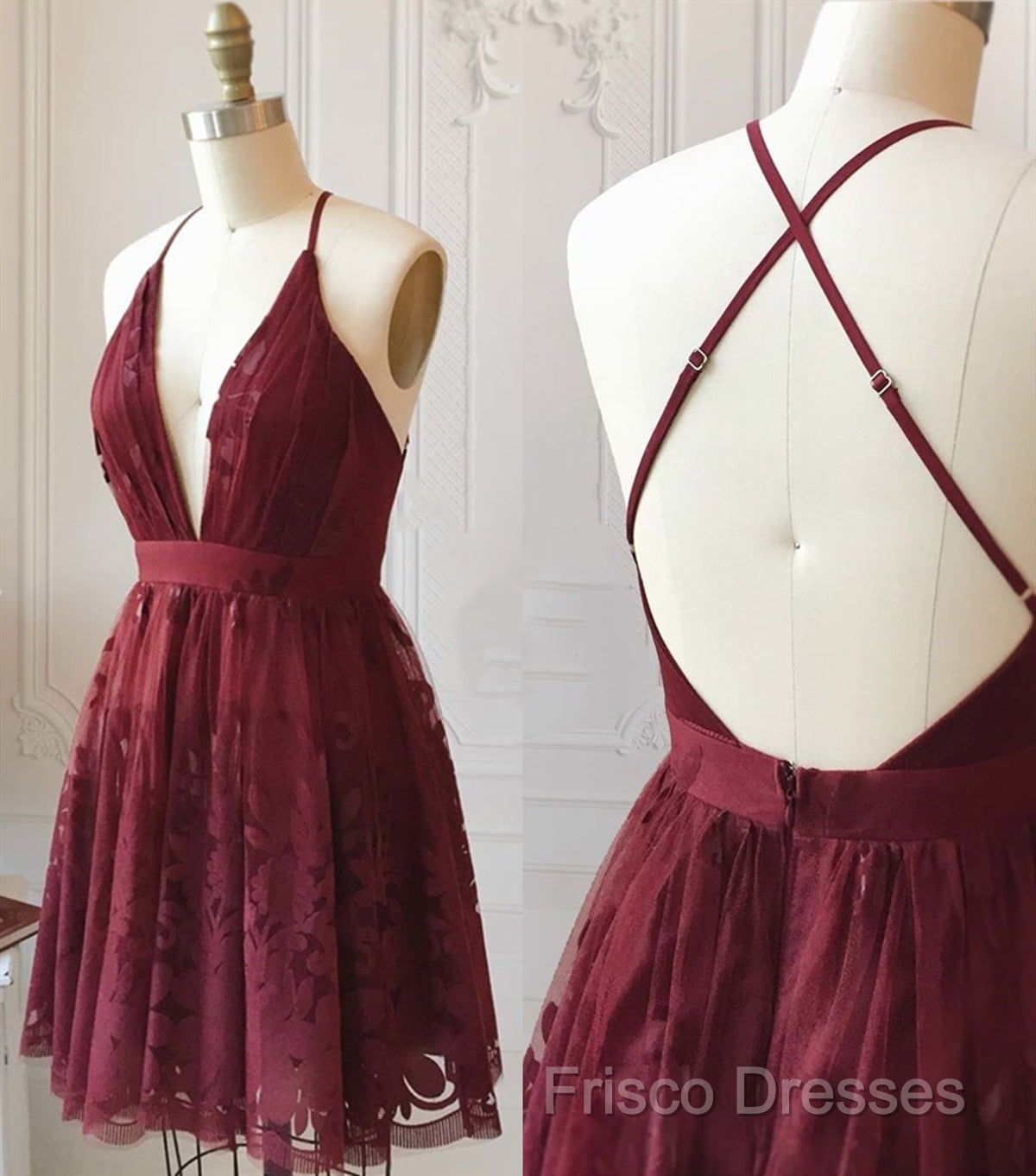 A Line V Neck Short Burgundy Lace Formal Prom Dress, Short Burgundy Lace Formal Homecoming Dress Secondary image