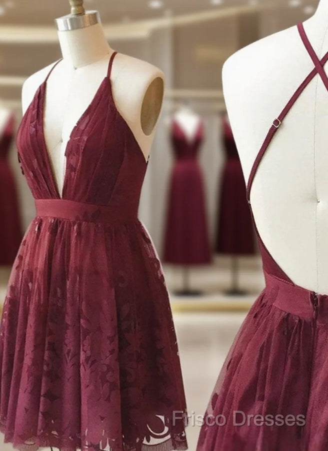 A Line V Neck Short Burgundy Lace Formal Prom Dress, Short Burgundy Lace Formal Homecoming Dress Main image