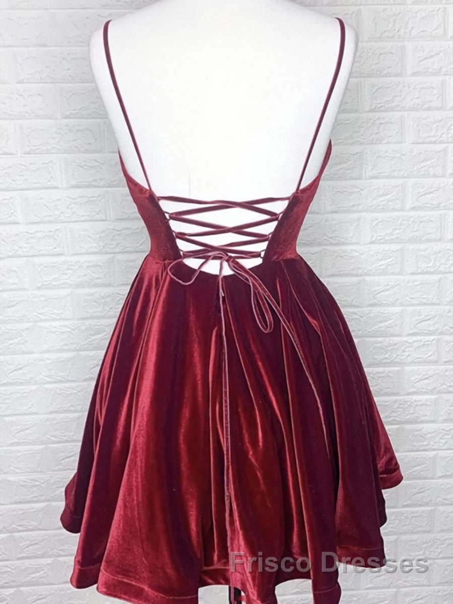 A Line V Neck Short Burgundy Formal Prom Dresses, Short Wine Red Formal Homecoming Dresses