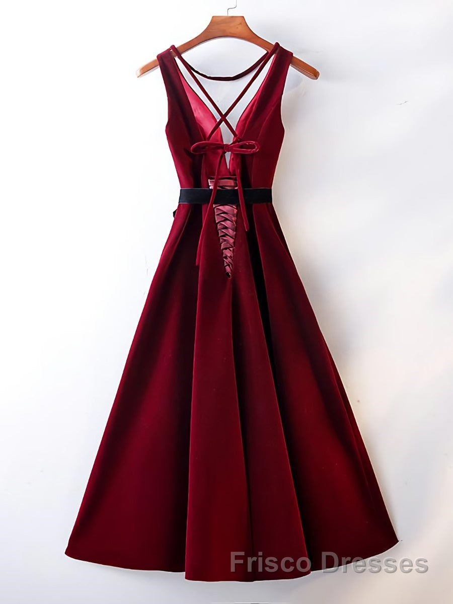 A Line V Neck Short Burgundy Formal Prom Dresses, Wine Red Short Formal Graduation Homecoming Dresses