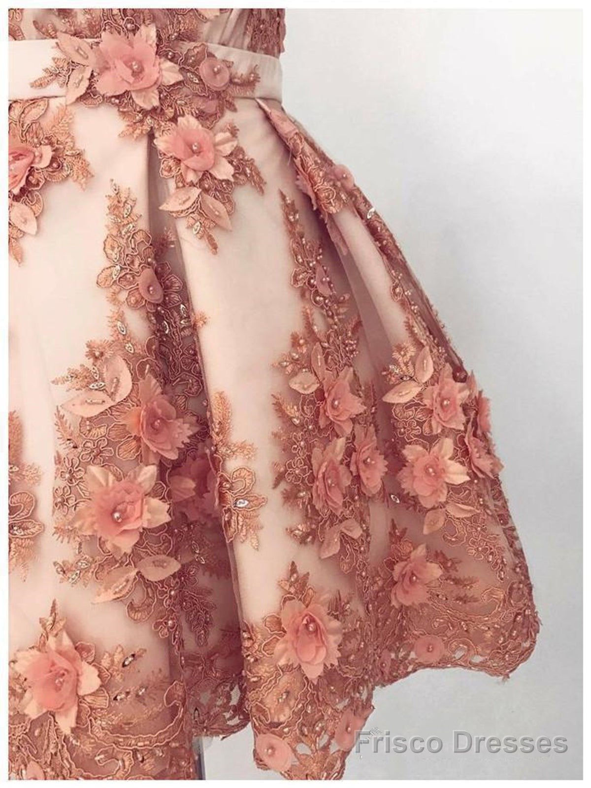 A Line V Neck Short Champagne Floral Lace Prom Dresses, Short Champagne Lace Formal Homecoming Dresses Secondary image