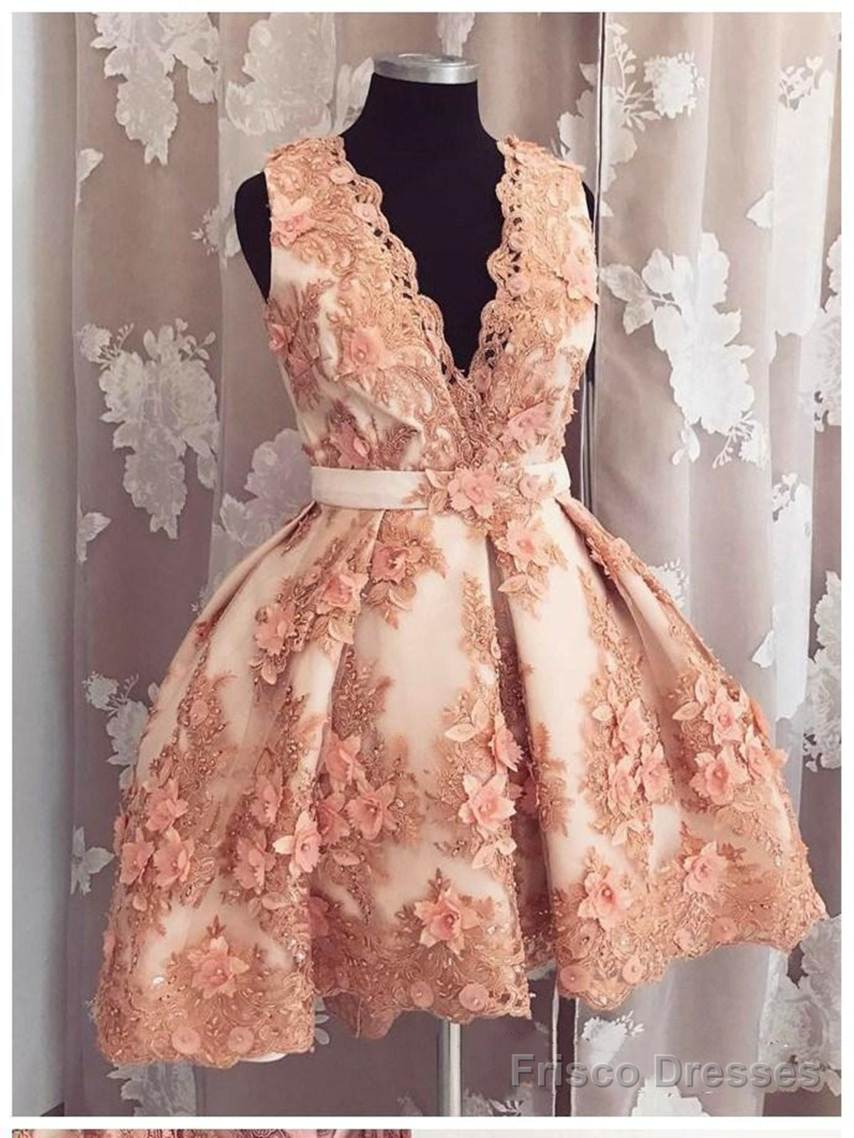 A Line V Neck Short Champagne Floral Lace Prom Dresses, Short Champagne Lace Formal Homecoming Dresses Main image