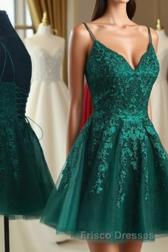 A Line V Neck Short Dark Green Lace Formal Prom Dress, Dark Green Lace Formal Prom Homecoming Dress