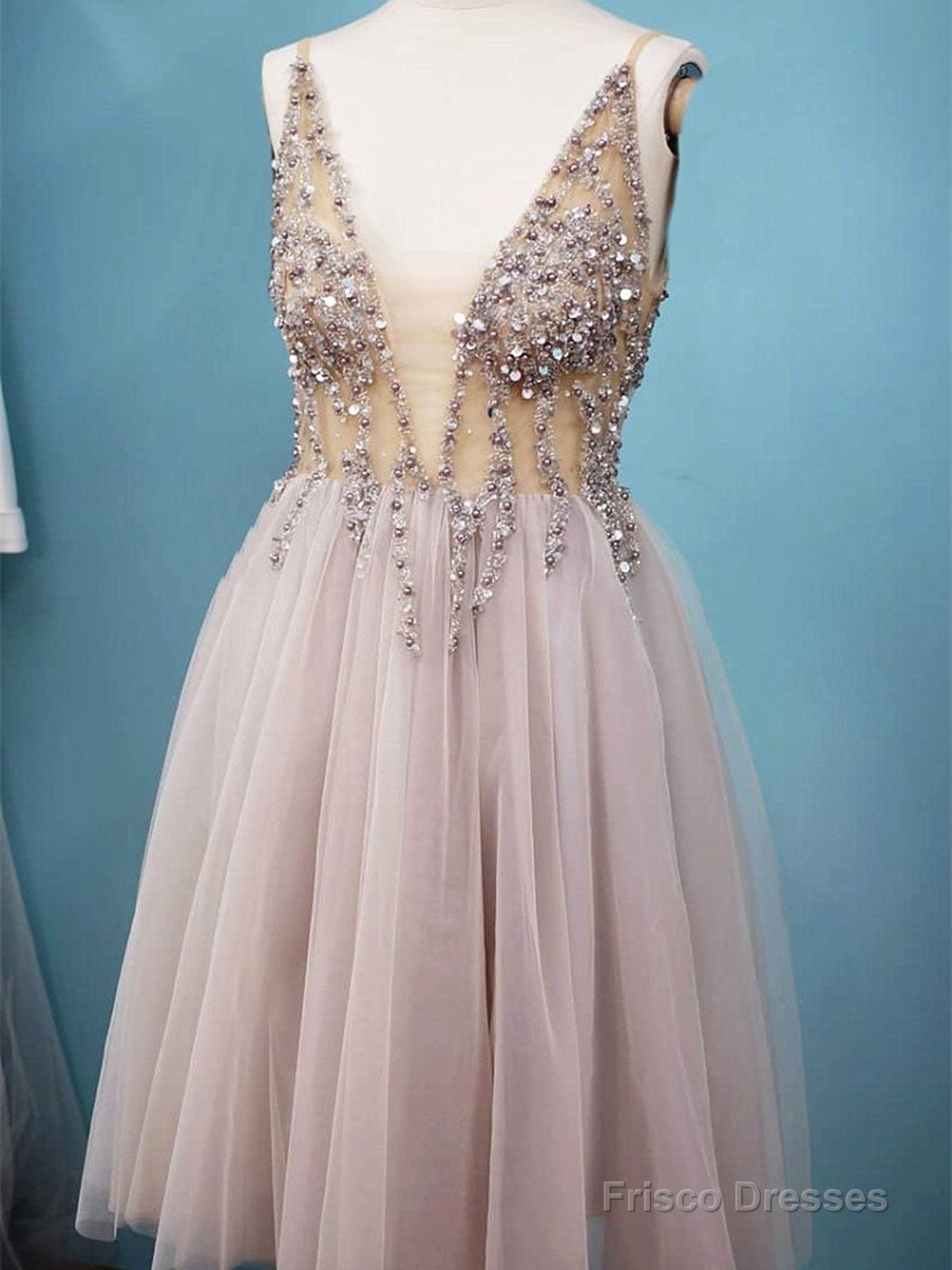 A Line V Neck Short Gray Beaded Prom Dresses, Short Grey Formal Homecoming Dress with Beading Main image