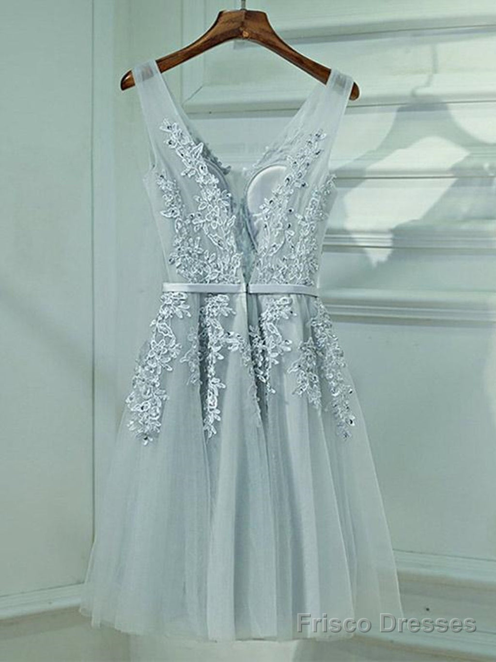 A Line V Neck Short Gray Lace Prom Dresses, Short Gray Lace Formal Homecoming Dresses