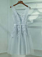 A Line V Neck Short Gray Lace Prom Dresses, Short Gray Lace Formal Homecoming Dresses