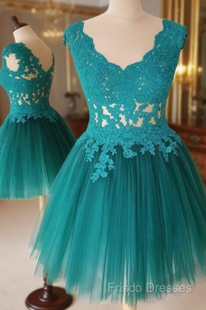 A Line V Neck Short Green-Blue Lace Formal Prom Dress, Short Lace Formal Graduation Dress