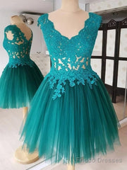 A Line V Neck Short Green-Blue Lace Prom Dresses, Short Lace Formal Evening Graduation Dresses