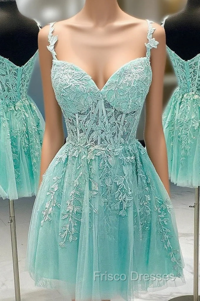 A Line V Neck Short Green Lace Formal Prom Dress, Short Green Lace Formal Homecoming Dress