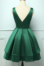 A Line V Neck Short Green Satin Formal Prom Dress, Short Green Satin Homecoming Graduation Dress