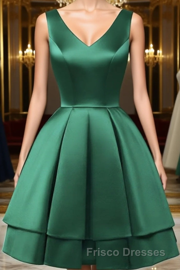 A Line V Neck Short Green Satin Formal Prom Dress, Short Green Satin Homecoming Graduation Dress