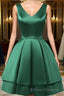 A Line V Neck Short Green Satin Formal Prom Dress, Short Green Satin Homecoming Graduation Dress
