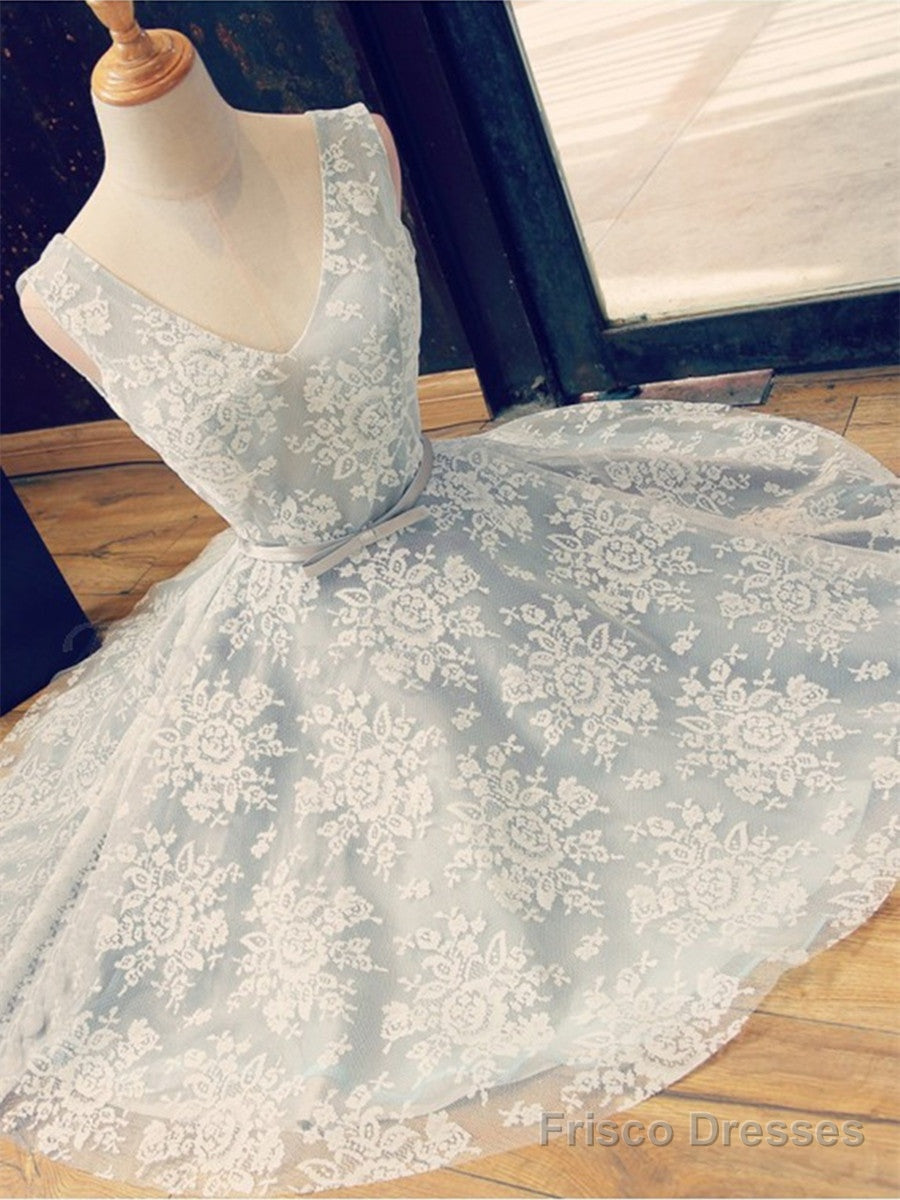 A Line V Neck Short Lace Prom Dresses, Homecoming Graduation Dresses, Short Lace Bridesmaid Dresses Main image