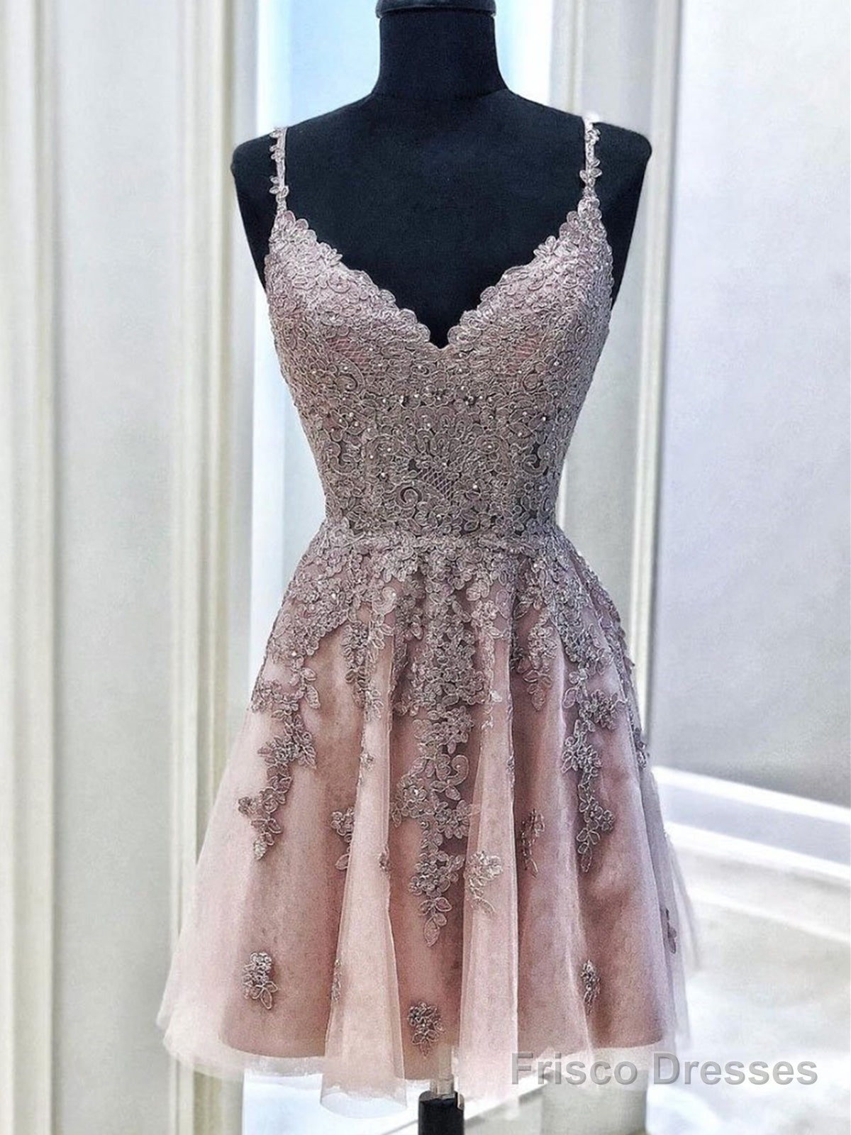 A Line V Neck Short Lace Prom Dresses, Short V Neck Lace Formal Homecoming Cocktail Dresses Main image